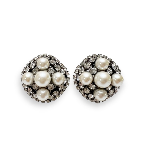 Lawrence VRBA Signed Faux Pearl Rhinestone Statement Clip On Earrings - Picture 1 of 9